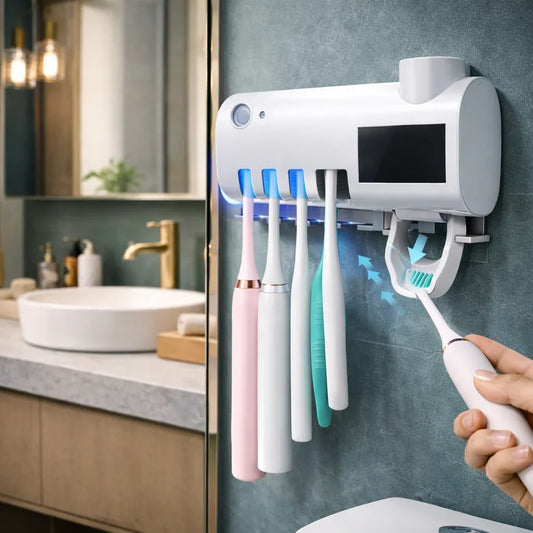 Suporte de Escova com Esterilizador UV + Dispenser Automático de Pasta